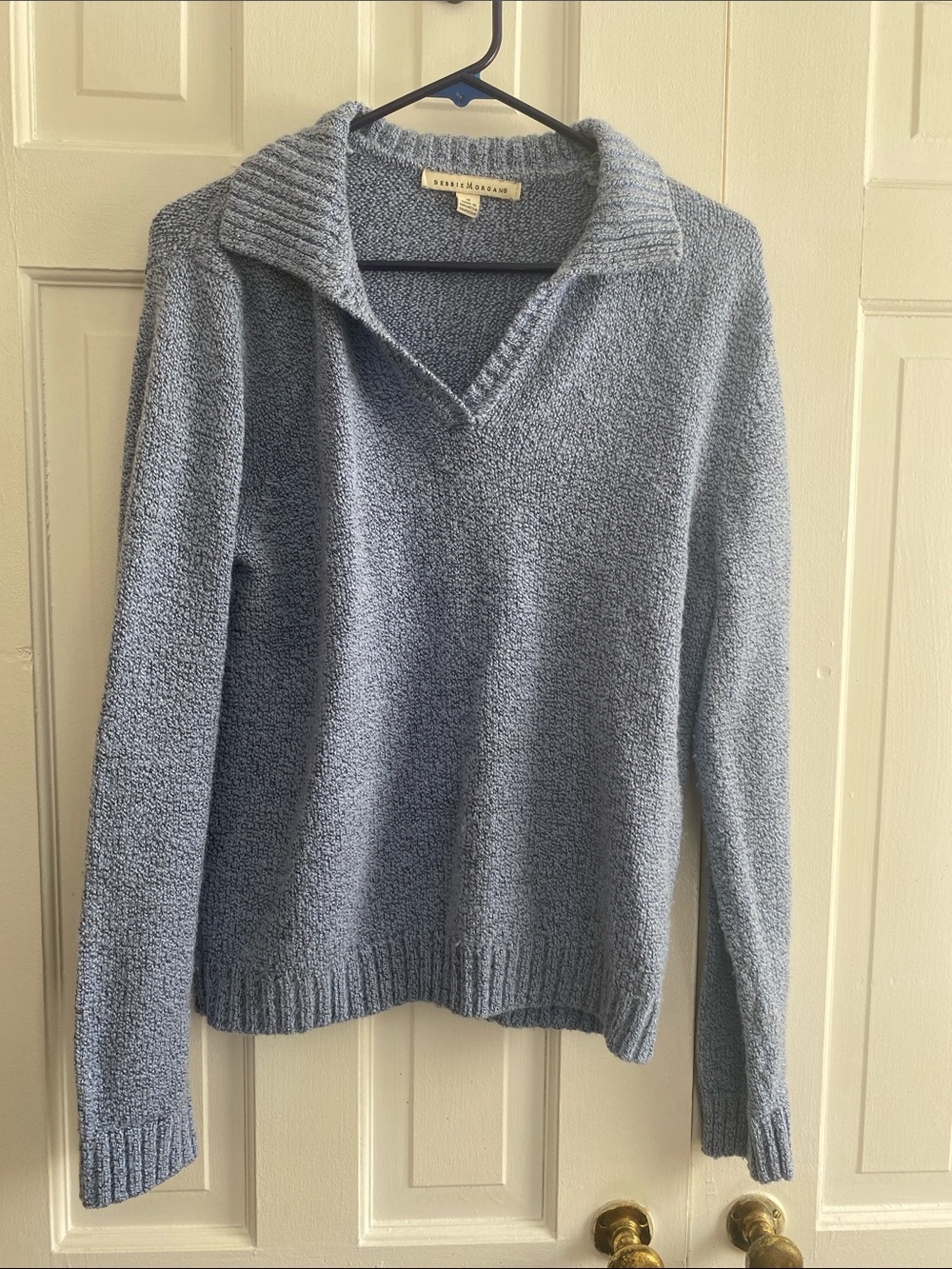 Debbie Morgan Light Blue V-Neck Shawl Collar Sweater